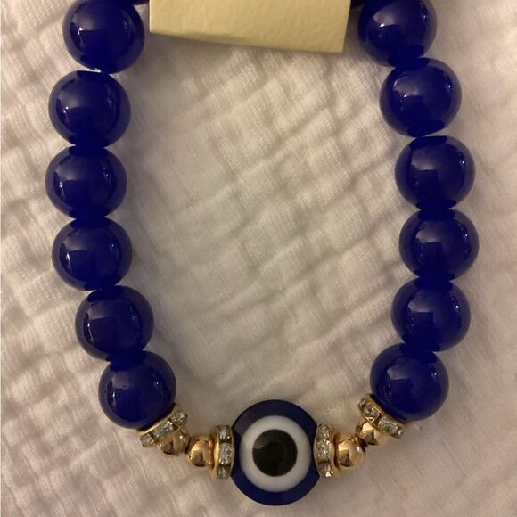 NWT stretch bracelet, Blue, gold, beads, charm eye protection - Picture 3 of 3